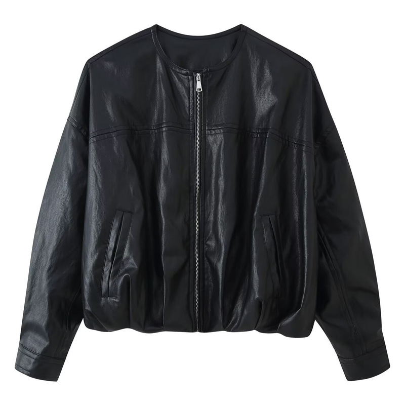Cool faux leather aviator jacket, round neck, zippered, puff sleeve, short leather coat, loose-fitting biker style top Cool faux leather aviator jacket, round neck, zippered, puff sleeve, short leather coat, loose-fitting biker style top