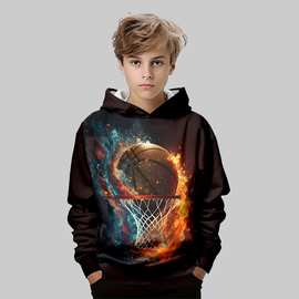 25跨境潮流炫酷篮球火焰3D印花男童连帽卫衣酷炫炸街活力出街必备