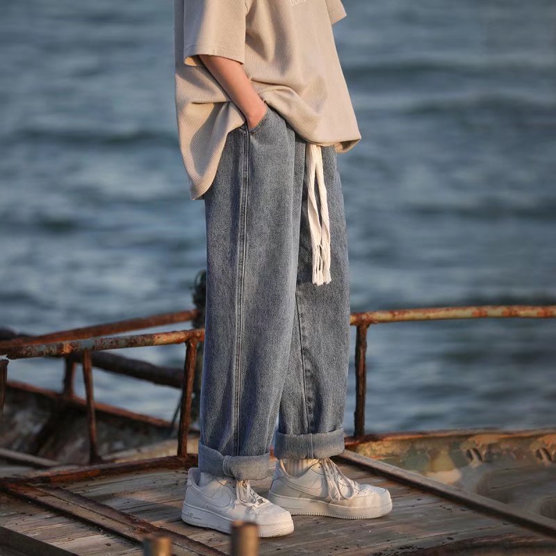 Jeans de cintura elástica de tamaño grande, pantalones rectos masculinos de primavera y otoño, pantalones relajados y versátiles, nuevos pantalones de moda de estilo americano de Hong Kong