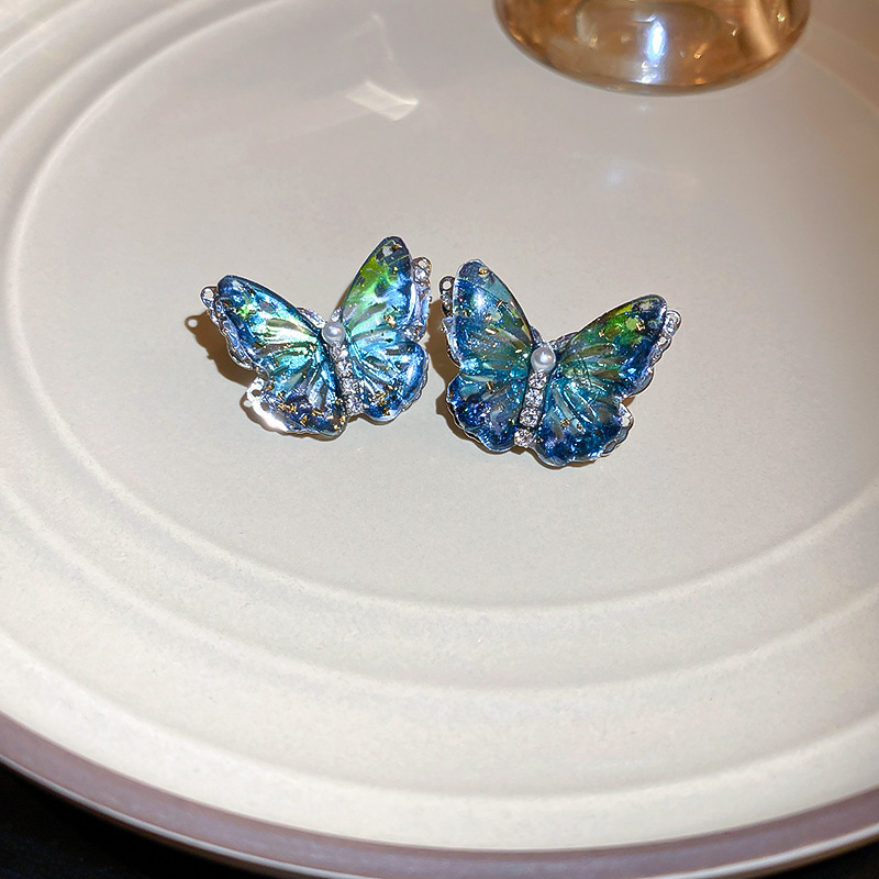 Pendientes de flor de cristal de aguja de plata, cuentas de arroz de cristal, pendientes azules, pendientes de estilo de vacaciones frescas, pendientes de lujo ligero, de alta calidad, mujeres