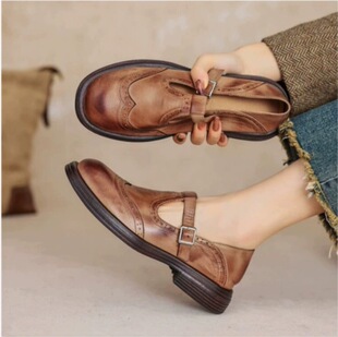 Foreign Trade Export 414243 Large Size Preppy Style Retro Color-Washed Floral Brogue Versatile Round-Toe Thick-Heeled Small Leather Shoes
