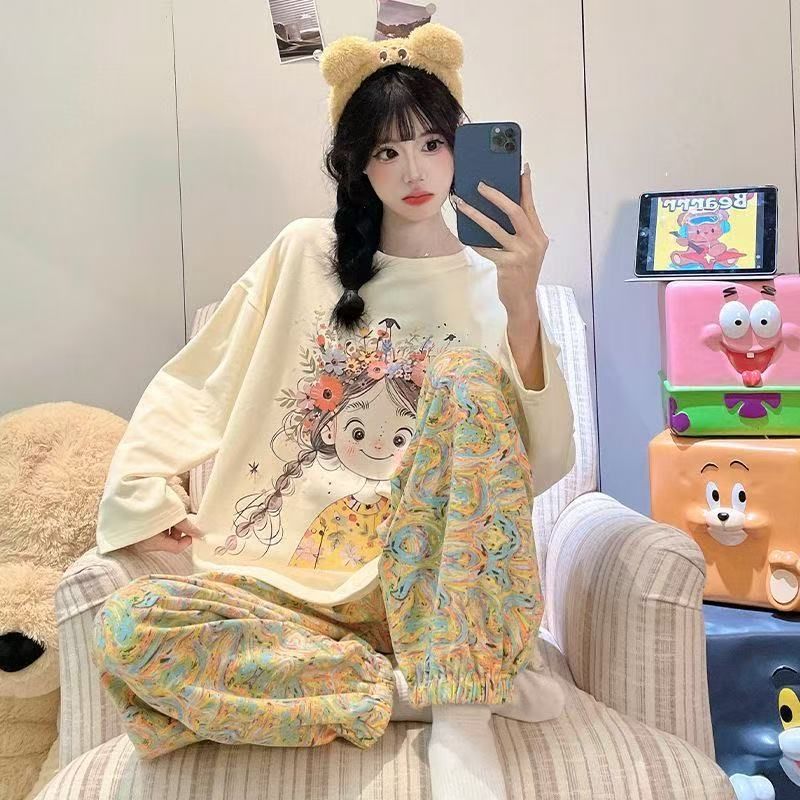 Pijamas al por mayor transfronterizos de primavera y otoño nuevos pantalones de manga larga estudiantes dibujos animados lindos y sueltos set de ropa de hogar