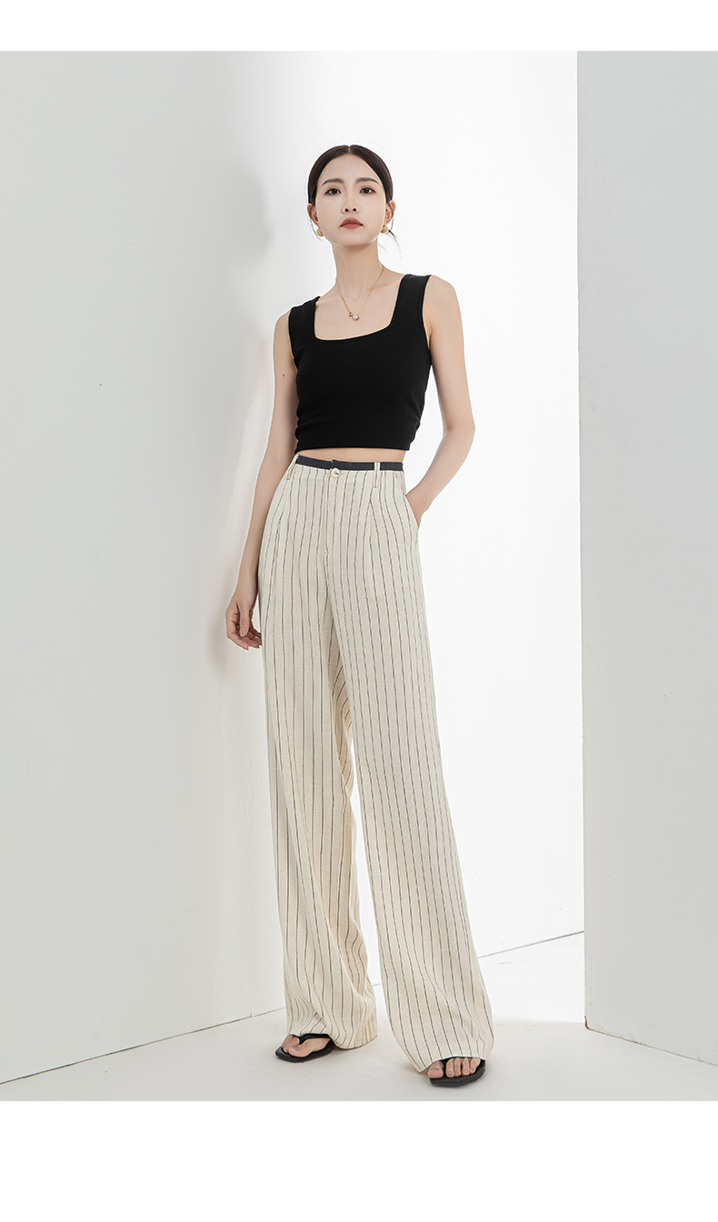Quần culottes nữ ống rộng vải lanh sọc dọc, cạp cao phối màu, dáng suông thoáng mát — Vải gai sọc chi tiết 30