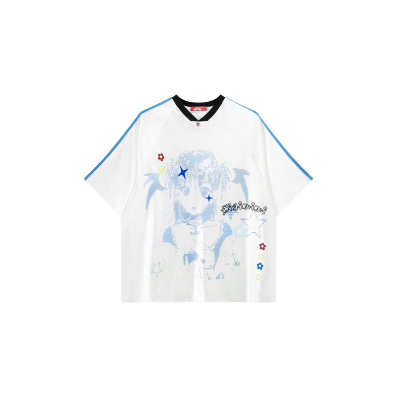 日本の水色アニメサブカルチャー半袖Tシャツレディース夏ゆるい家かわいい二次元ストライプスプライシングトップ|undefined