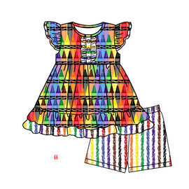 欧美精品店童装外贸批发彩色笔竖条女孩夏季小飞袖盖屁股套装