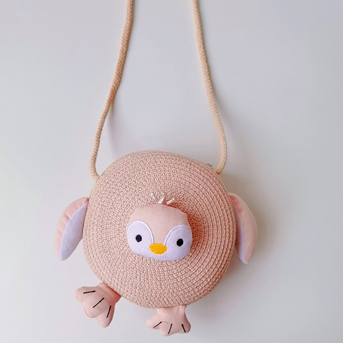 Autumn South Children's Bag Korean Summer Grass Weaving Bag Little Girl Crossbody Pocket Purse Girl Penguin Cartoon Small Bag