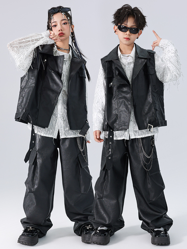 Street Dance Kidsren's Trendy Clothing Boys Hip-Hop Hip-Hop Suit Girls Jazz Catwalk Motorcycle Leather Clothing Performance Clothing