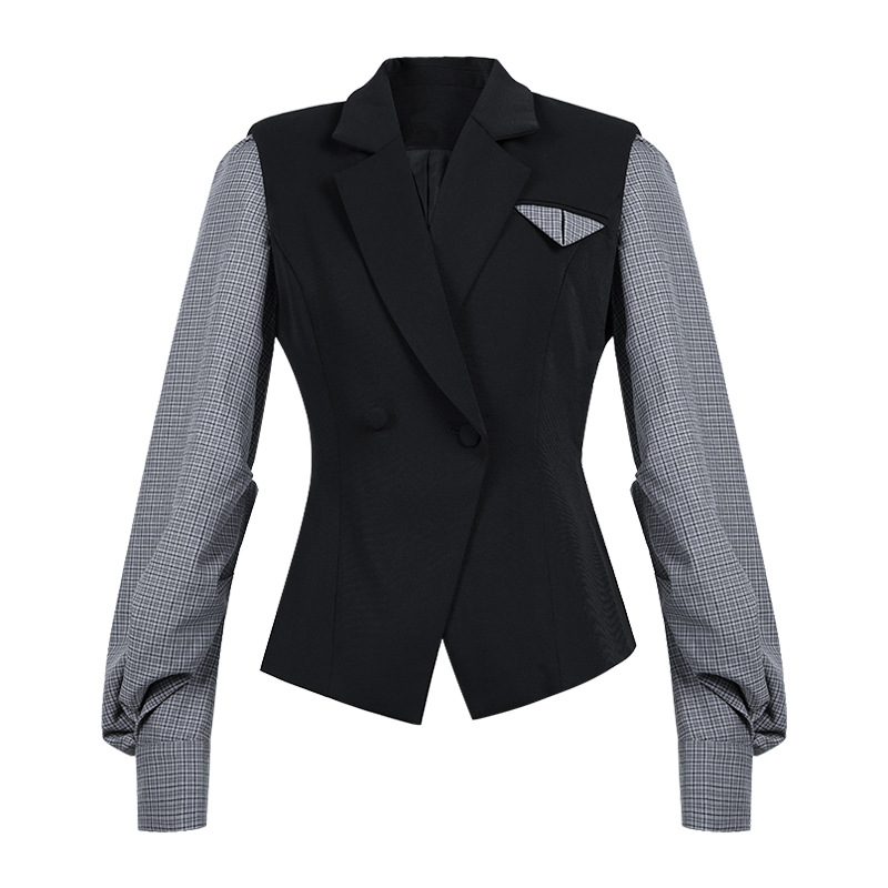 Áo vest nữ phối kẻ sọc kiểu Pháp, thiết kế eo thon, dáng công sở — màu đen