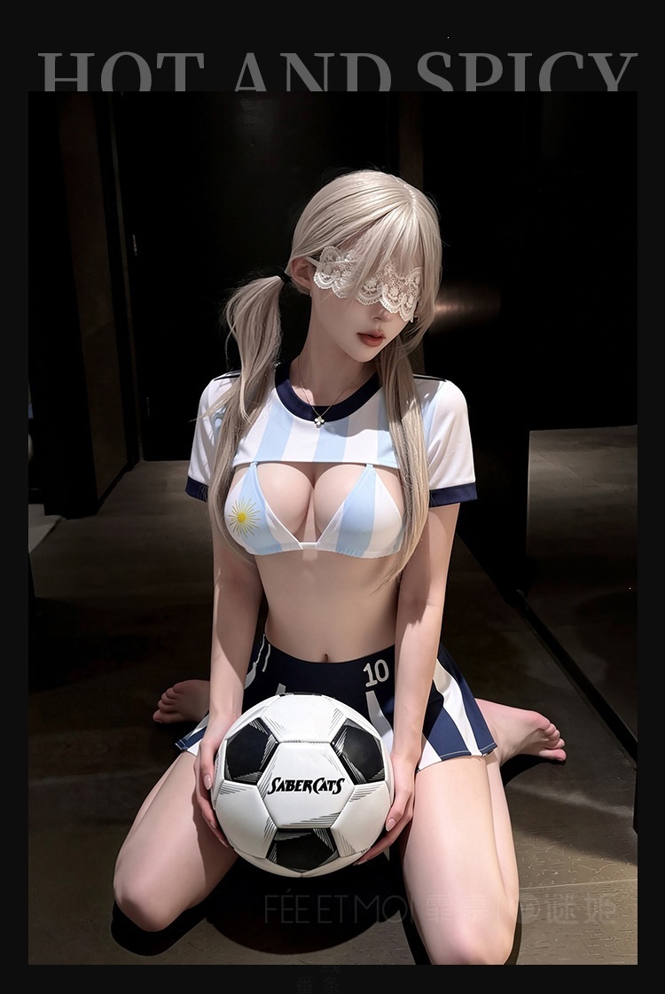 Green Field Football Babe Costume Set with Triangle Cup Top, Short Skirt, Eye Mask and Stockings — detail image 7