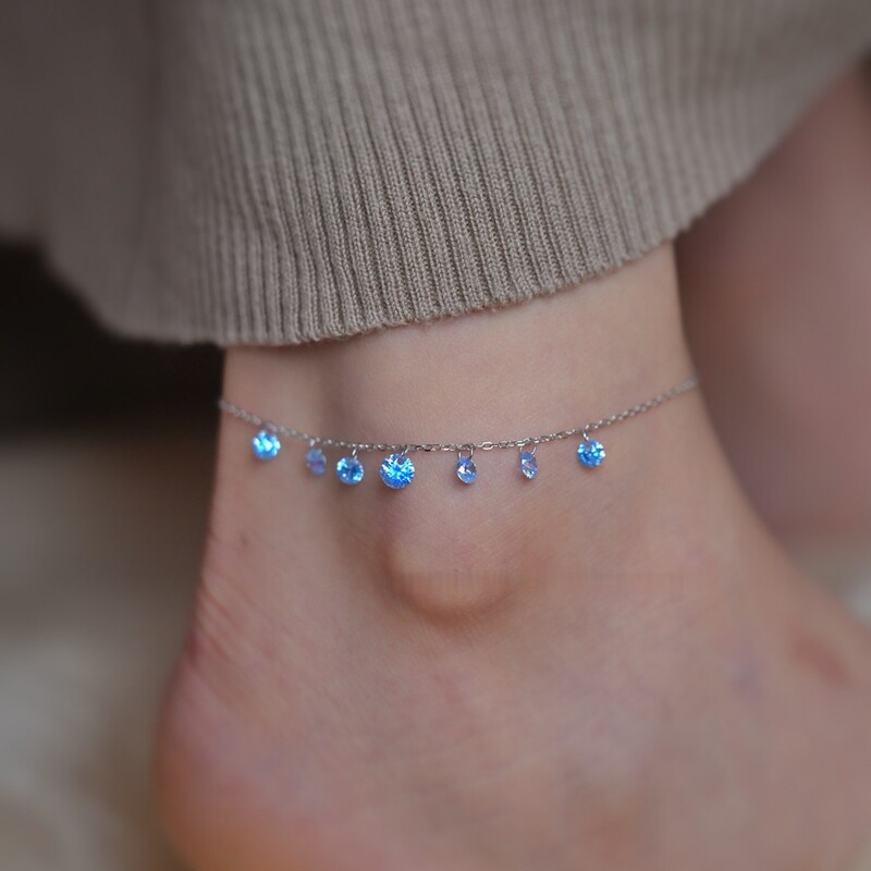 S925 sterling silver plated with platinum anklet for women, sea blue zircon jewelry with tassels, sweet and unique, suitable for everyday wear in Japanese and Korean style S925 sterling silver plated with platinum anklet for women, sea blue zircon jewelry with tassels, sweet and unique, suitable for everyday wear in Japanese and Korean style