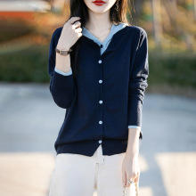 连帽针织开衫外套假两件女士毛衣宽松短款时尚外搭潮大码外搭针织