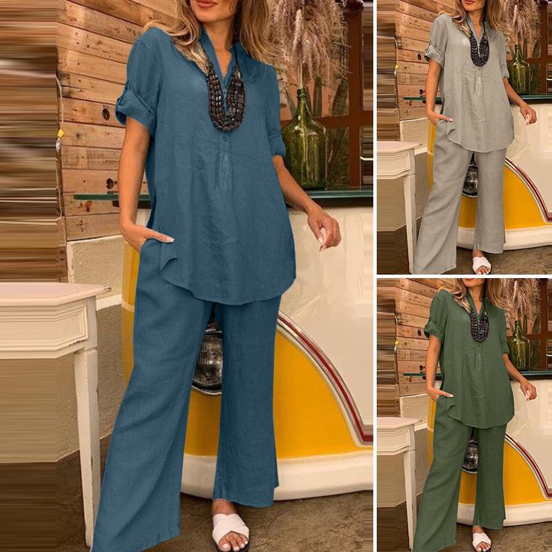 2025 Suit Women's Summer Pure Color Short-Sleeved V Neck Top and Straight Wide-Leg Pants Casual Elegant Loose Clothes
