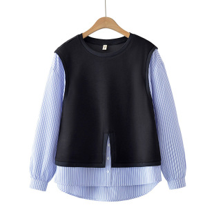 2025 spring new fake 2-piece sweater plus size women's striped long sleeve stitching jacket fat sister T-shirt slim 6175