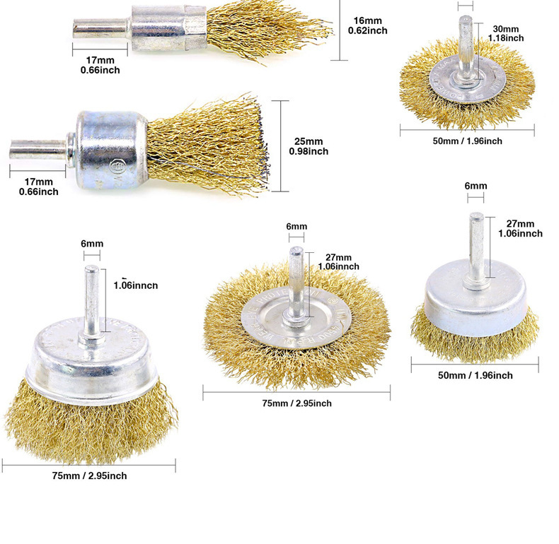 Cepillo de alambre de acero de 6 piezas traje de cepillo de alambre de acero recubierto de latón con varilla desbarbado pulido cepillo de alambre de acero Taladro