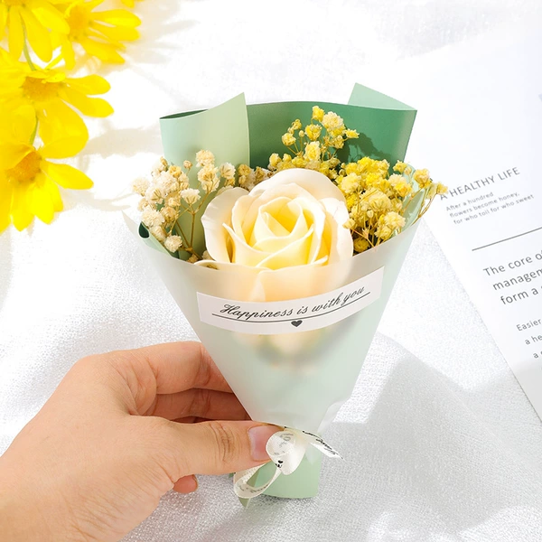 Champagne rose soap flower+yellow white full+green green paper+mist paper