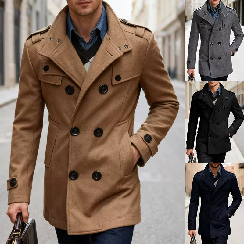 跨境亚马逊秋冬新款双排扣毛呢大衣修身立领中长款呢子风衣外套男