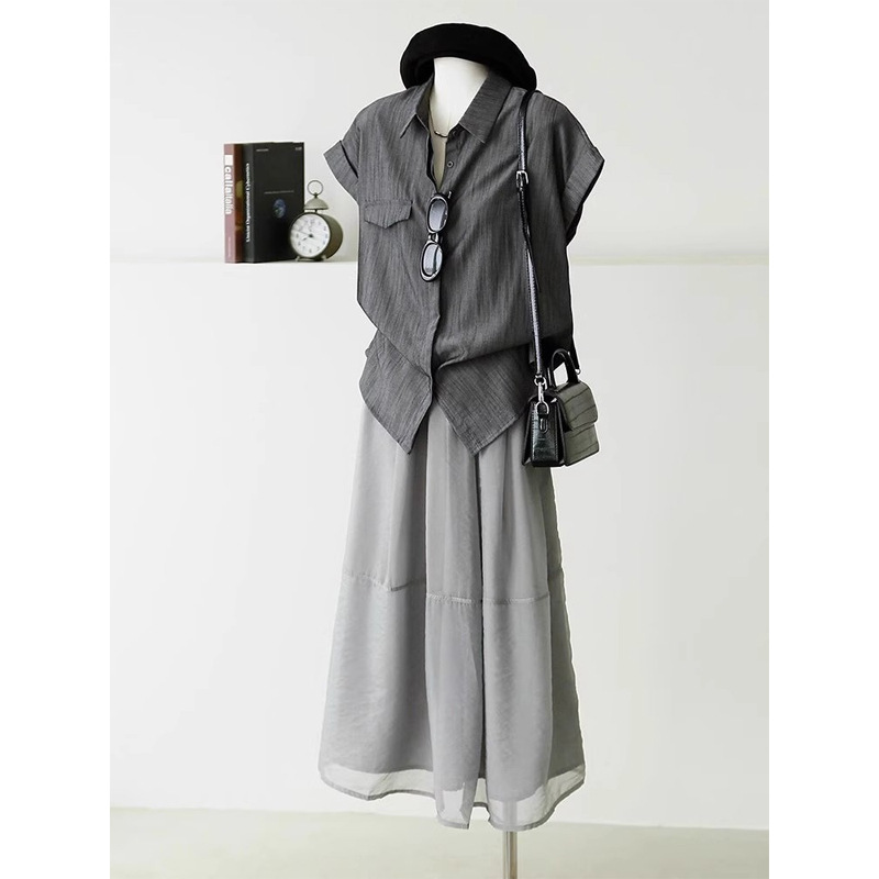 Áo sơ mi nữ ngắn tay dáng rộng chất liệu linen mùa hè — vải lanh màu xám