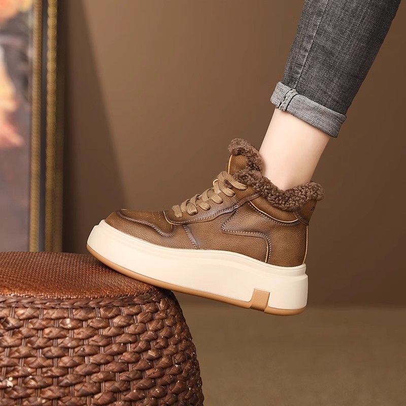 2026 Spring and Summer New Retro Casual Shoes Versatile Warm Short Boots with Fleece Thick-Soled High-Top Shoes for Women Cross-Border Wholesale