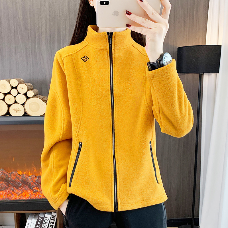 Yellow Fleece Jacket for Women, Stand Collar, Fleece-Lined, Thickened, Autumn and Winter Outdoor Skin-Friendly Coat, Stretchy and Slimming