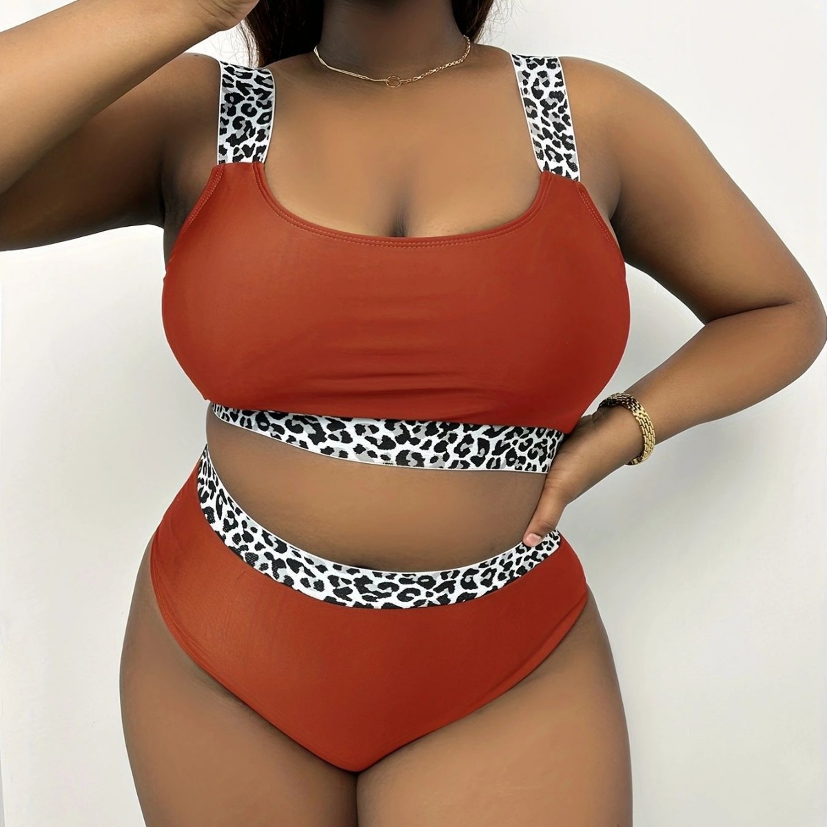New European American Style Plus-Size Tank Top Bikini With Solid Color And Leopard Print, High-Waisted, Popular On_ecoleips.com