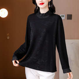 半高领打底衫女内搭2025新款女装欧洲站黑色提花面料拼接修身长袖