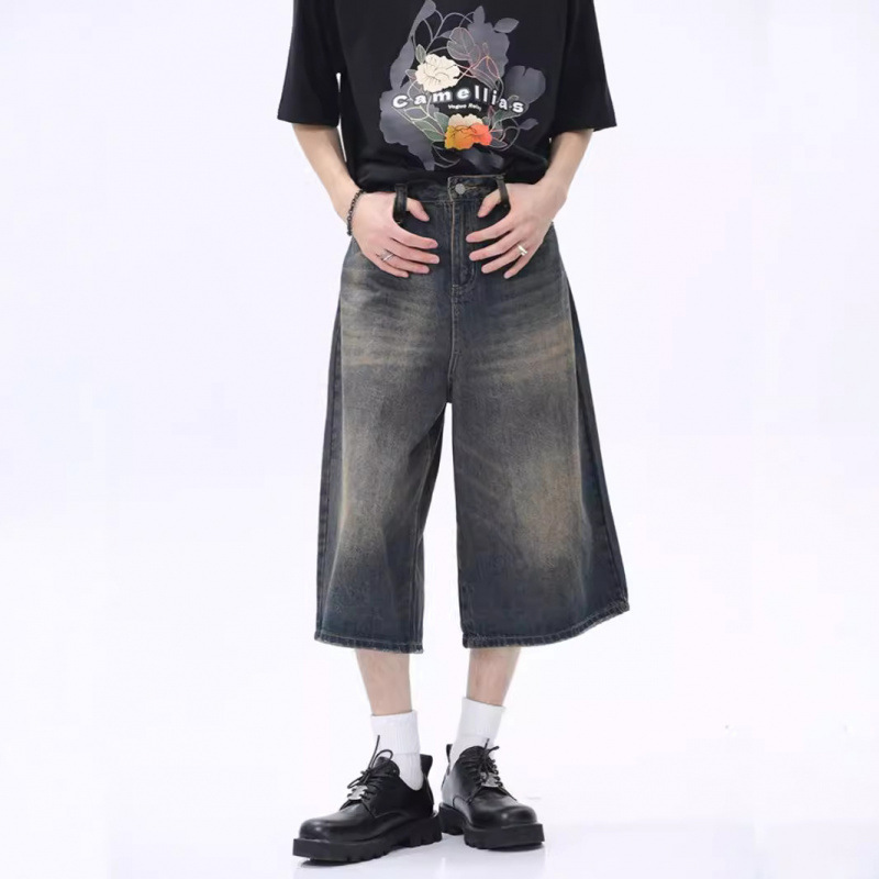 Fashion Wide-Leg 7-Point Jeans 2024 Summer New Retro Washed Distressed Straight Denim Mid-Length Men's Shorts