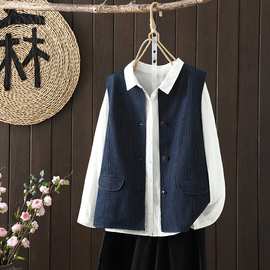 日系复古蓝色马甲女春季休闲百搭牛仔背心马夹外套上衣早秋女
