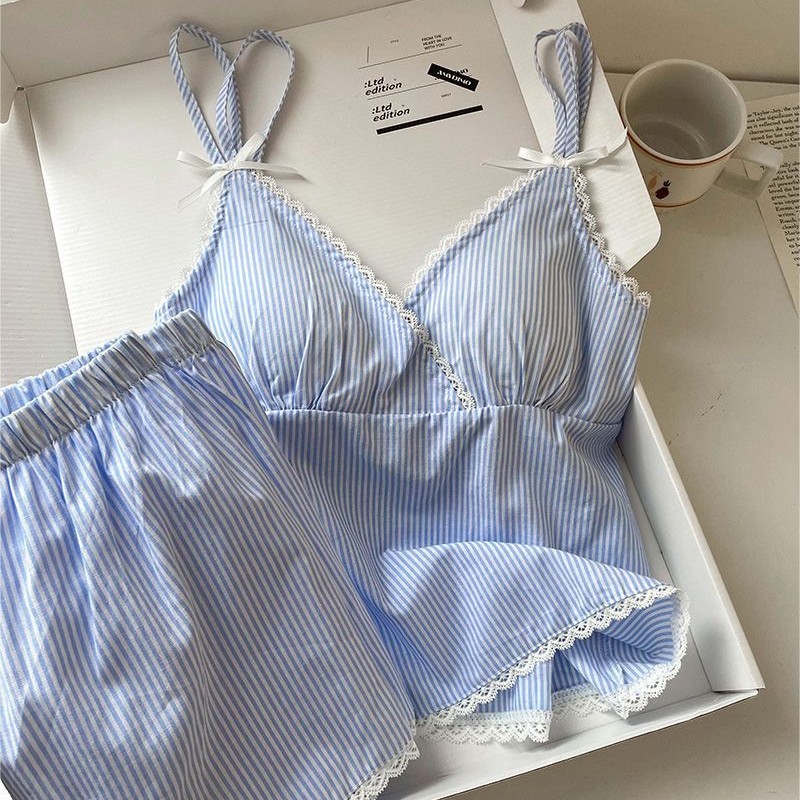 Pantalones cortos con cojín de pecho pijama de verano nuevo algodón nube de alta sensación de chicas polvo a rayas set de ropa para el hogar