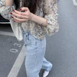 水冰冰韩版清新碎花衬衫女2021新款荷叶边网红空调防晒雪纺衫