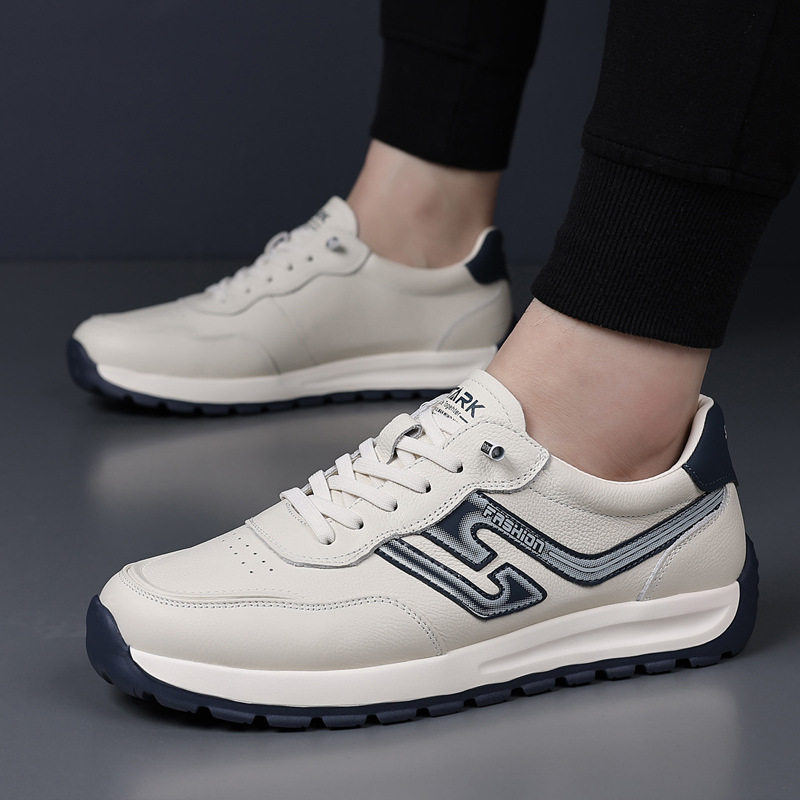 Giày sneaker nam da bò lớp đầu, kiểu Forrest Gump, da thật mỏng nhẹ thoáng khí, đế xốp, cổ thấp — Hạnh nhân trắng, Trắng xanh