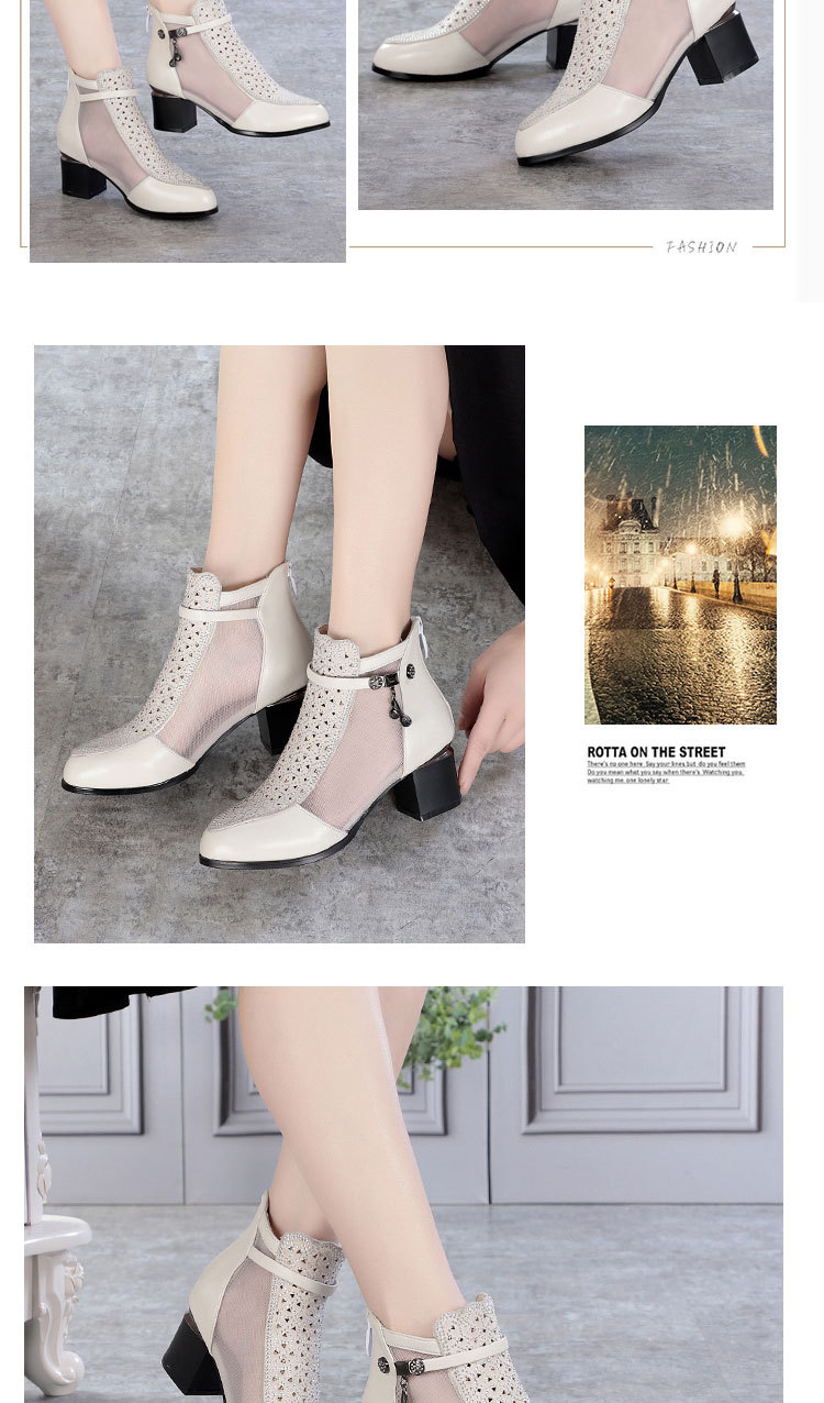 Giày boot nữ cổ thấp da thật lưới thoáng khí gót dày — đen chi tiết 6