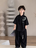 Летние черные штаны для мальчиков, короткий рукав, с вышивкой, свободный крой