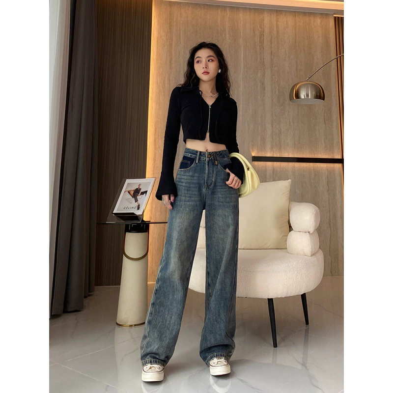 Женские широкие джинсы с высокой талией, свободные облегающие брюки контрастного цвета в стиле ретро, новинка весны, 2023, прямые брюки