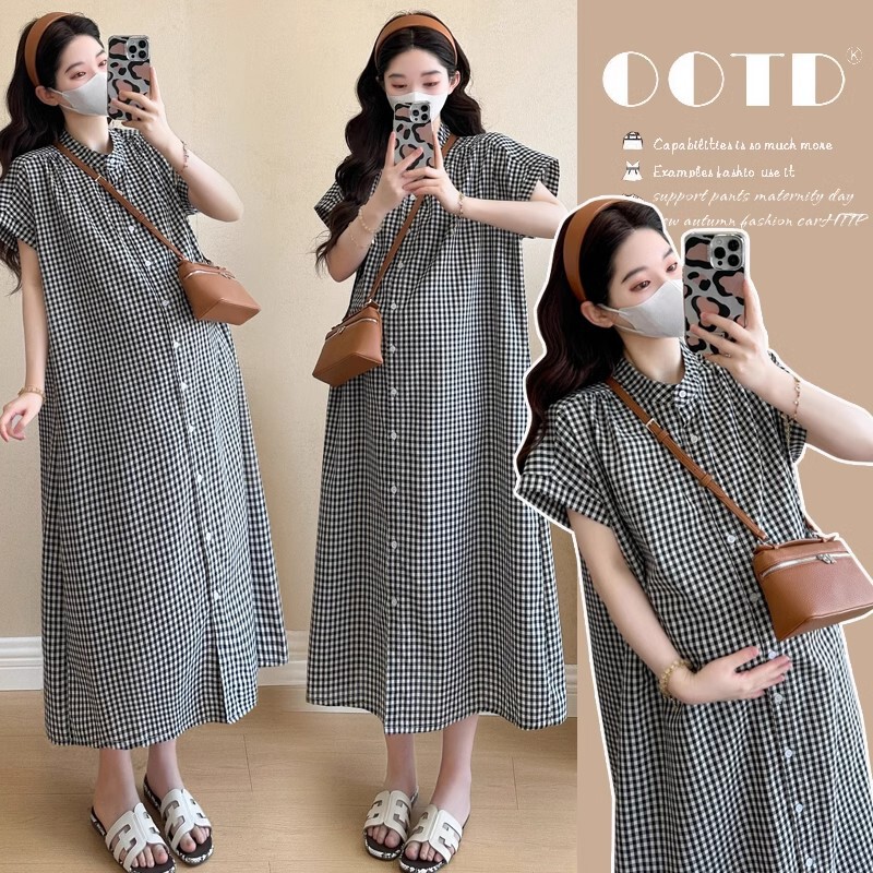 Maternity Wear Summer Loose Artistic Elegant Short-Sleeved Plaid Dress Open Button Breast-Feeding Style Over-The-Knee Shirt Long Skirt