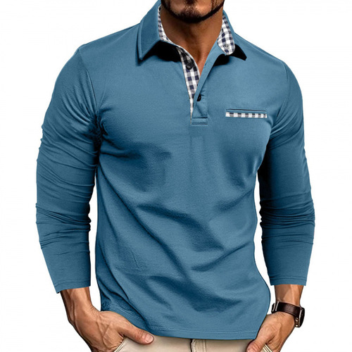 New European and American Men's Casual Fashionable Polo Shirt, Turn-Down Collar Long-Sleeved Color-Block T-Shirt
