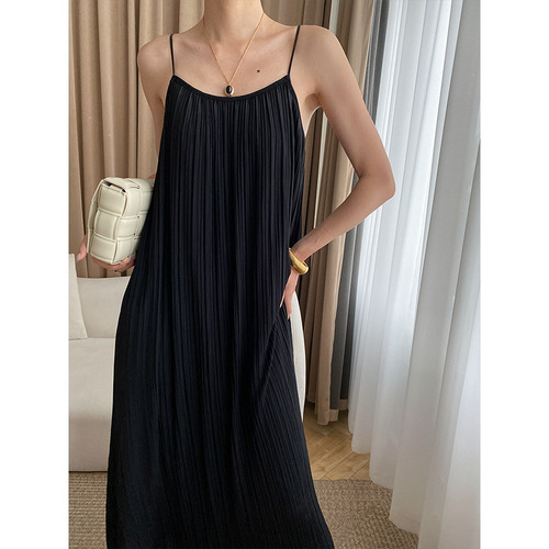 Sinan's unmistakable high-end leather spaghetti strap French drape accordion pleated suspender dress SN3221