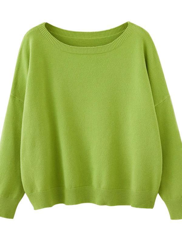 Women's Plain Scoop Neck Sweater Casual Drop Shoulder Long|undefined