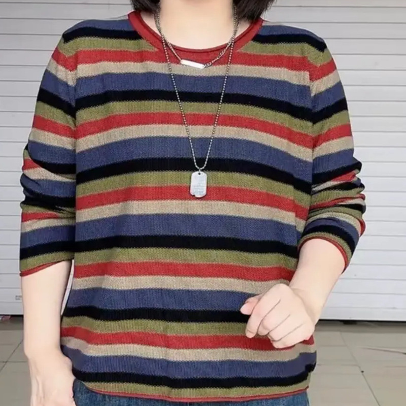 秋季复古慵懒风条纹t恤女漂亮时尚减龄休闲长袖上衣洋气百搭小衫|undefined