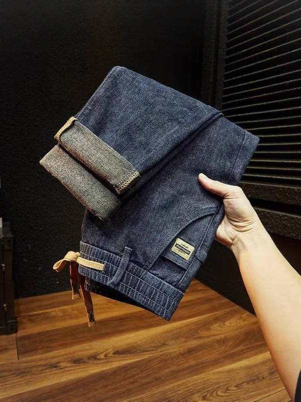 Cross-Border Spring and Autumn Elastic Waistband Men's Tapered Work Jeans Fashion Trendy Versatile Slim-Fit Pants for Men