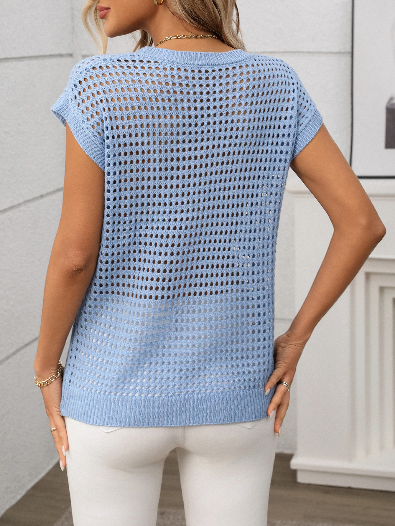 Summer Women Clothing Women round Neck Hollow Out Cutout Sun Protection Knitted Sweater Blouse
