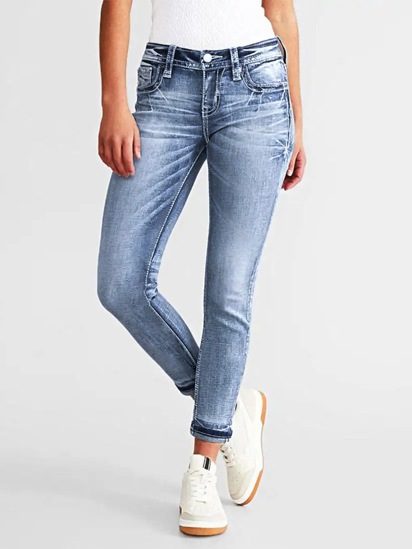 Jeans Bordados Ajustados para Mujer de Mezclilla de Algodón, Elástico