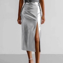 亚马逊PU皮革皮裙开叉高腰半身裙2023年秋冬新款时尚高级感女欧美