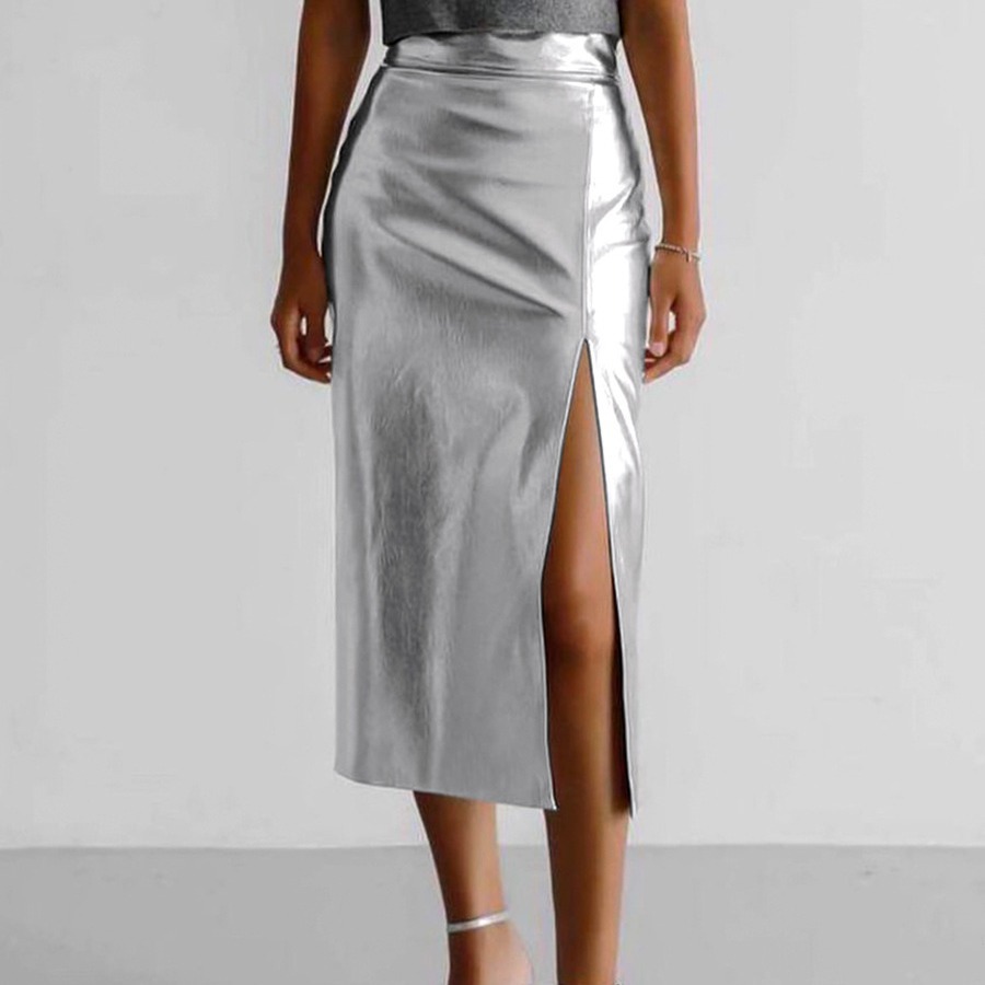 亚马逊PU皮革皮裙开叉高腰半身裙2023年秋冬新款时尚高级感女欧美