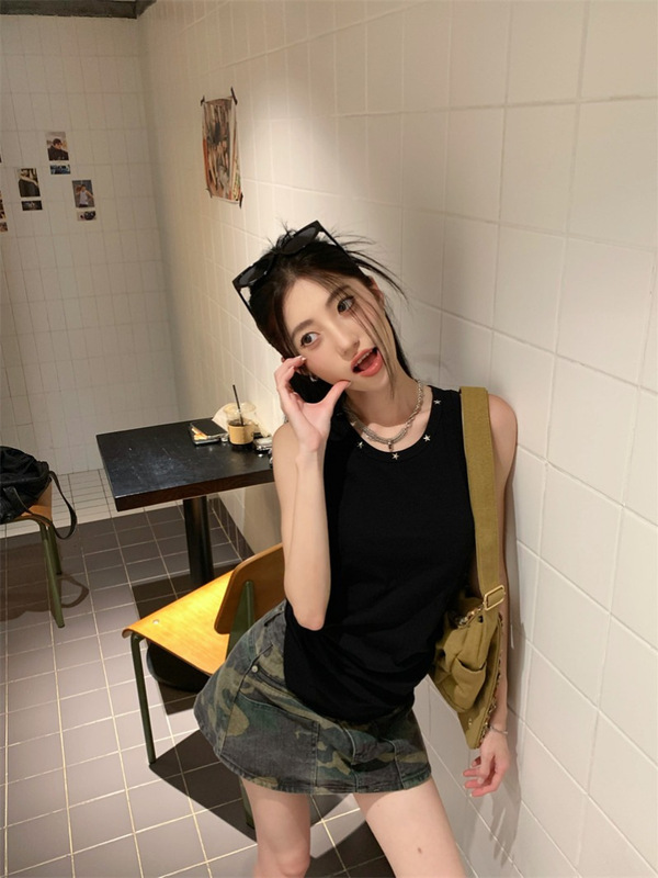 アメリカンクールホットガールファッションスーツ女性のための春の新しいリベットファッションベスト迷彩作業服スカートツーピースセット|undefined