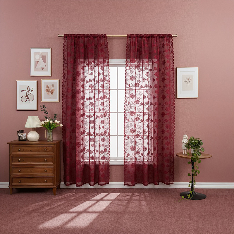 Cross-Border New Modern Simple Small Rose Embroidered Window Screen Finished Light Luxury High-End Home Hotel Light-Transmitting Curtains