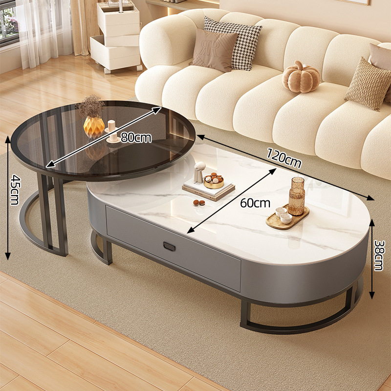 커피 테이블 [블랙 프레임 그레이 캐비닛] 라이트 럭셔리 화이트 + 80 블랙 유리 원형 테이블