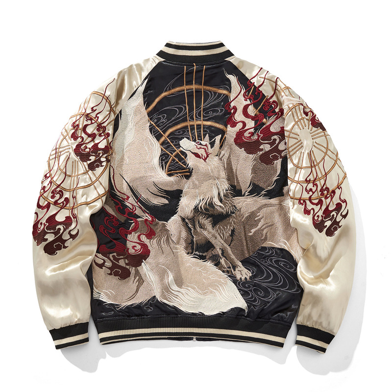 Huaxia Junpin Chinese Style National Trend Heavy Craft Double-Sided Jacket Men's Fashion Casual Embroidered Nine-Tailed Fox Baseball Jacket S037 Huaxia Junpin Chinese Style National Trend Heavy Craft Double-Sided Jacket Men's Fashion Casual Embroidered Nine-Tailed Fox Baseball Jacket S037