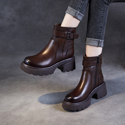 Women's Thick-Heeled Martens with Round Toe Chelsea Boots, Autumn/Winter New Arrival, British Style with Belt Buckle, Genuine Leather Motorcycles Short Boots
