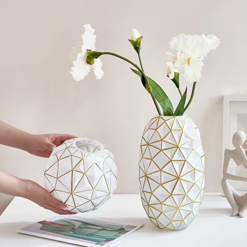 Jarrón de cristal pintado en oro de estilo europeo, ligero y lujoso, para sala de estar, mesa de comedor, arreglo floral cultivado en agua, artesanías decorativas, adornos, flores secas