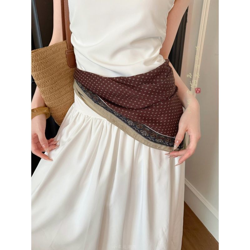 Retro Brown Cashew Flower Small Square Scarf for Women 2025 New Decorative Silk Scarf Belt Waist Accessories with Neck Accessories